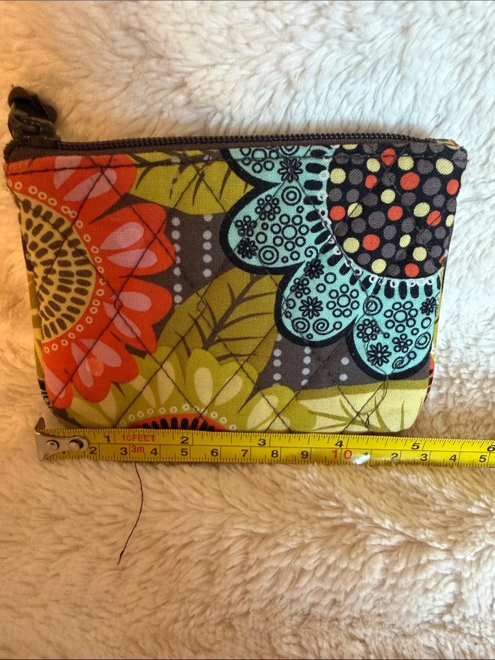 Vera Bradley Flower Shower Quilted Floral Coin Purse Zip Pouch Brown Yellow Teal